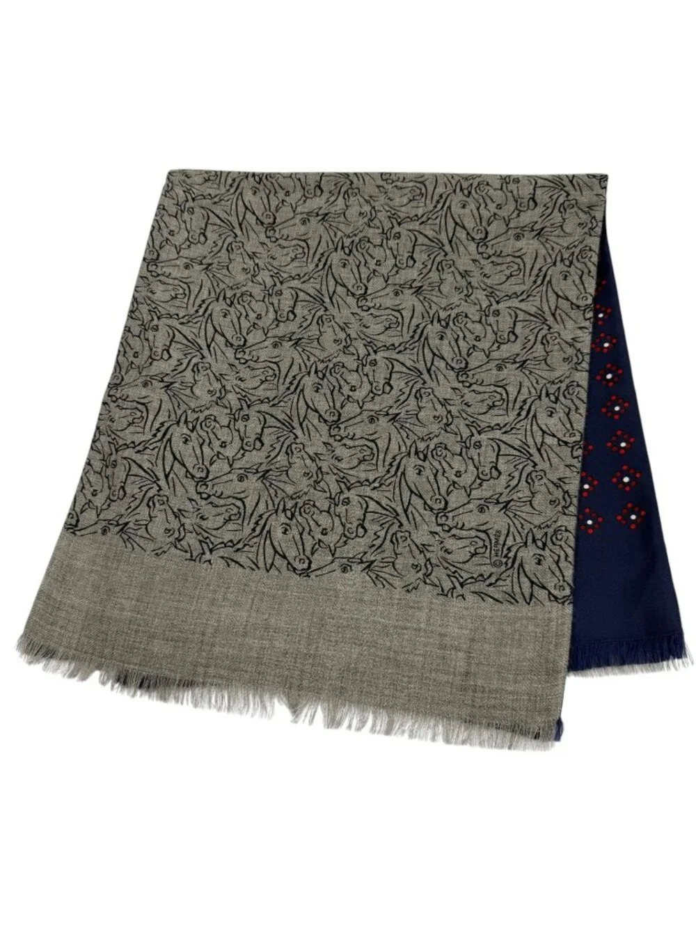 Hermes Cashmere Silk Tisse Reversible Hose Mix Fringe Scarf Gray Navy